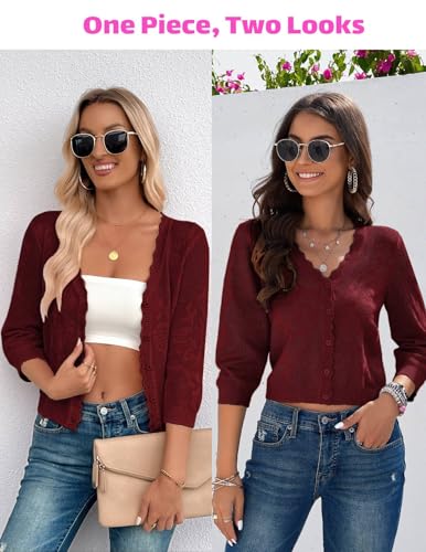 Image of Women Crop Cardigan Sweaters Lightweight 3 /4 Sleeve Button Up Crochet Shrug | Textured Bolero For Dresses Dressy Casual, V Neck, Ladies Eyelet Shawl Thin Trendy