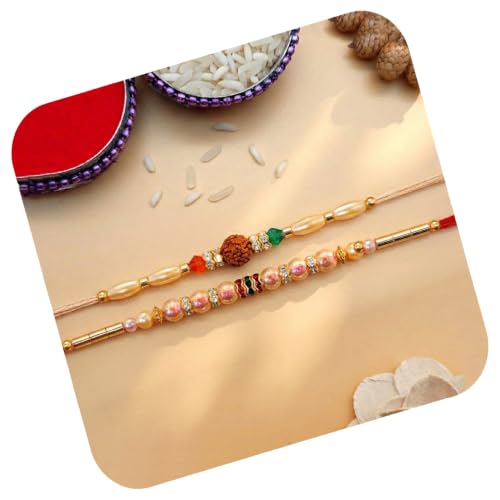 Image of Peora Rakhshabandhan Thread Rakhi for Brother Bhaiya | Kundan Beads & Crystal Studded | Combo Set of 2 | Rakhi Hamper Roli Chawal & Greeting Card