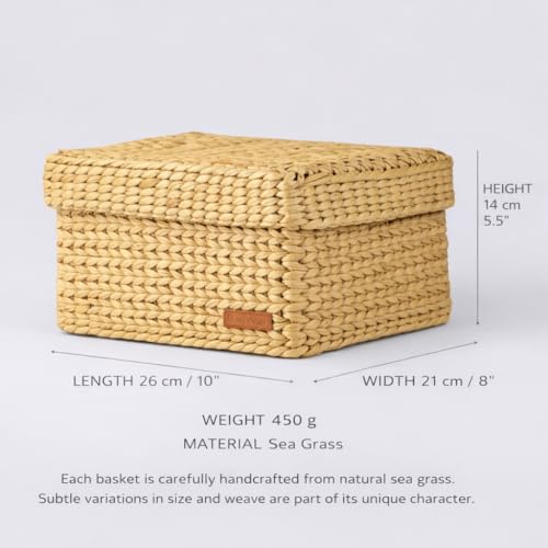 Image of Handwoven Seagrass Storage Basket with Lid | Natural Eco-Friendly Organizer Box for Home, Kitchen, Wardrobe, Bathroom, Toys & Accessories | Decorative Multipurpose Basket