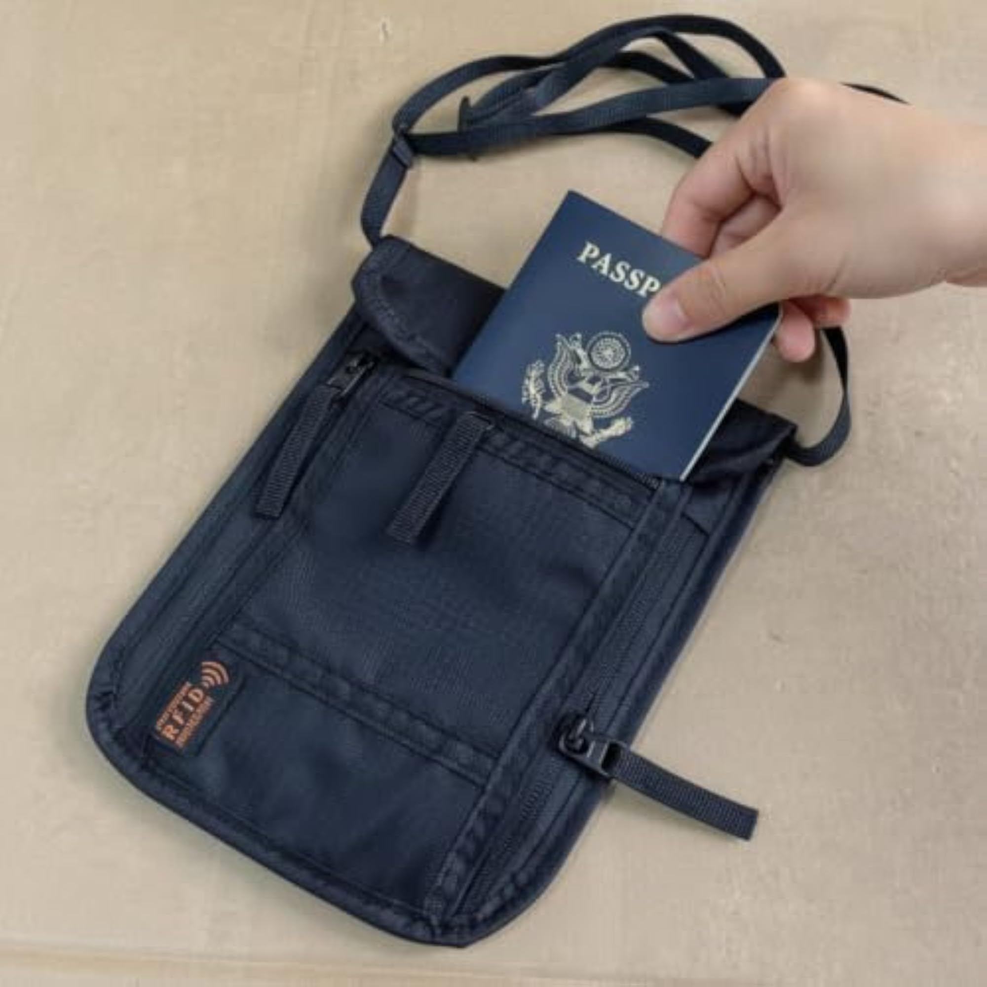 Slim Passport Holder with Neck Strap, Black