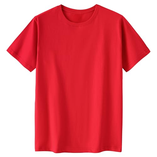 コットンTシャツ メンズ/レディース 半袖 クルーネック サマートップ ルーズフィット ユニ ベーシックTシャツ, レッド, Large