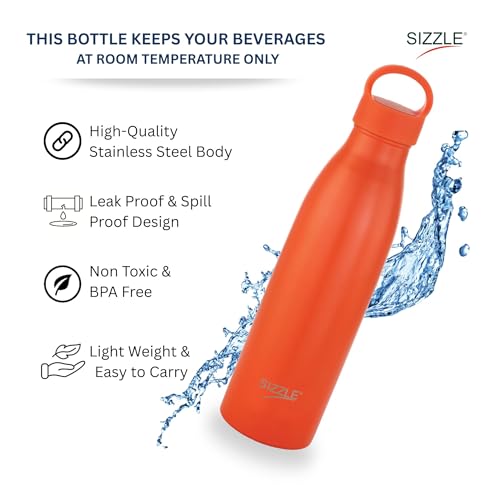 Image of Sizzle Modern Stainless Steel Water Bottle 700 ML Kids & Adults - Lightweight, Single Walled, Leakproof Water Bottle | For School, Office, Gym | Orange (Pack of 1)