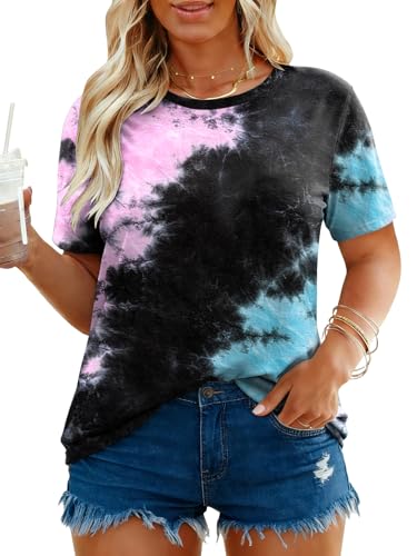 Image of VISLILY Plus-Size-Tops for Women Casual Short Sleeve T Shirts Trendy Tie Dye Crewneck Tees Comfy Loose Fit Tunics XL-5XL