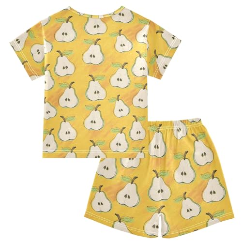 Pear Yellow Cartoon Pattern Summer Cute Pajama Sets, Short Sets for Daily Wears and Sleep Wears2