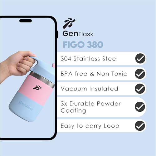 Image of VBOTT GENFLASK-FIGO - 380 ml |Thermosteel Flask with Straw Sipper with Finger Loop| SS 304 Water Bottle|Hot /Cold-18 /24 hrs|Insulated Bottles| Pink /Light Blue Colour l Multipurpose