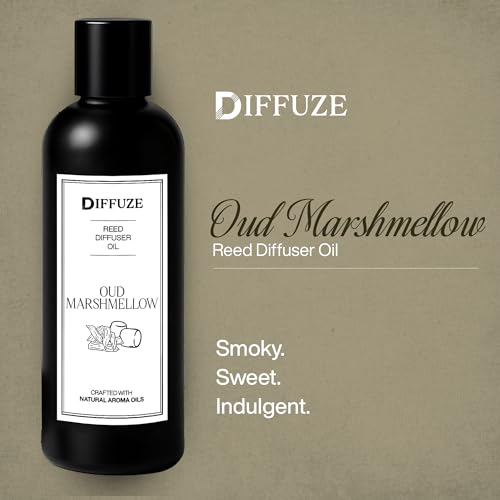 Image of DIFFUZE Oud Marshmellow Reed Diffuser Refill with 10 Fibre Reed Sticks | Sweet Oud Aroma Oil & Fragrance Oil | Diffuser Oil for Home Fragrance
