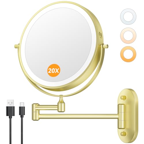 1X/20X Wall Mounted Makeup Mirror with Light, 8" Rechargeable Double-Sided Magnifying Mirror, Vanity Mirror Dimmable 3 Color Light, 360 Extension Rotation Foldable 14.5 Inch Arm for Bathroom