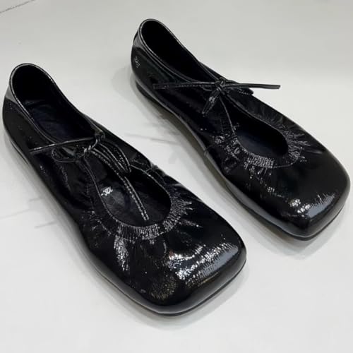 Retro Soft-surfaced Wide Toe Box Square-Toe Ballet Flats for Women Lace-up Patent Leather Casual Shoes New 20253