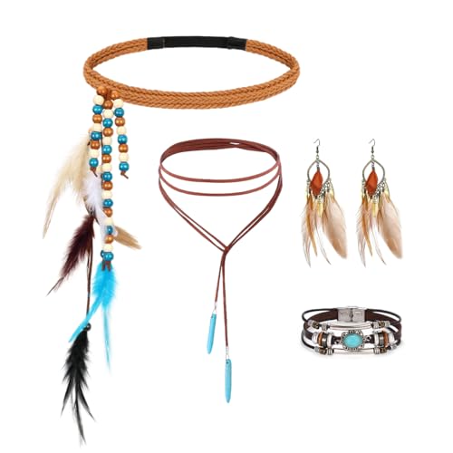 HUKUMA Boho-Kopfschmuck Damen, Hippie Schmuck Accessoires, Vintage Boho Stirnband mit Federn, Haarband Ohrringe Lederhalskette Leder-Armband,für Karneval, Fasching, Hippie Schmuck