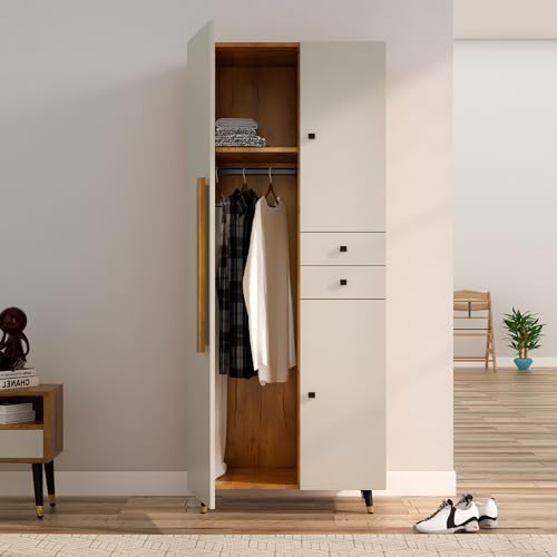 Image of Bniture 3 Door Wooden Wardrobe for Bedroom | Almirah for Clothes with 3 Shelves & 2 Hanging Space | Full Height Storage Cupboard for Bedroom | Spacious Storage Cupboard | Giant Wood & Frosty White