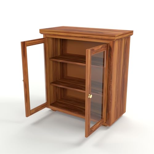 Image of Solid Sheesham Wood Sideboard Cabinet for Living Room | Wooden Storage Cabinet with 2 Acrylic Glass Doors & Shelves | Modern Display Sideboard for Home (Honey Finish)