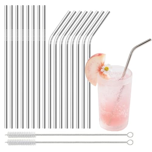 Set de 16 Pajitas, Pajitas Reutilizables, 215x6 mm Juego de Pajitas de Acero Inoxidable, Incluye 16 Pajitas y 2 Cepillos de Limpieza, Fácil de Limpiar, Apto para Jugos, Batidos, Cócteles