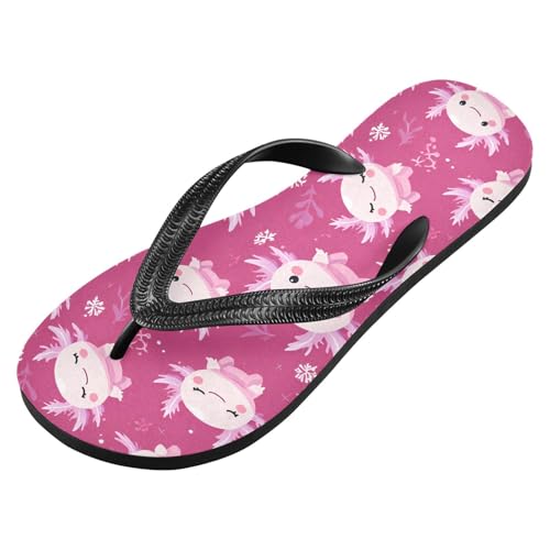 ALAZA Cute Axolotl Pink Flip Flops for Women Fashion Beach Slippers Comfort Mens Flip Flops Non-Slip Rubber Shower Slippers Sandal for Hotel Travel Sport,XS2