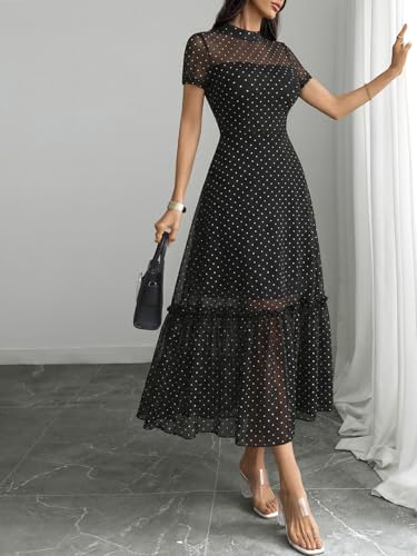 Image of GothDark Women's Summer Floral Mesh Ruffle Dress Short Sleeve Round Neck Waist Cinched Casual Maxi Wedding Guest Dresses
