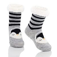 Zando Kids Boys Girls Fuzzy Socks Winter Slipper Socks Fleece Christmas Socks Baby Thick Fluffy Socks Thermal Anti Skid Socks Warm Socks for Girls Grip Animal Socks Black Penguin 6-8 Years