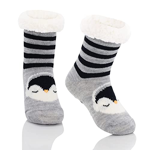 Zando Kids Boys Girls Fuzzy Socks Winter Slipper Socks Fleece Christmas Socks Baby Thick Fluffy Socks Thermal Anti Skid Socks Warm Socks for Girls Grip Animal Socks Black Penguin 3-5 Years