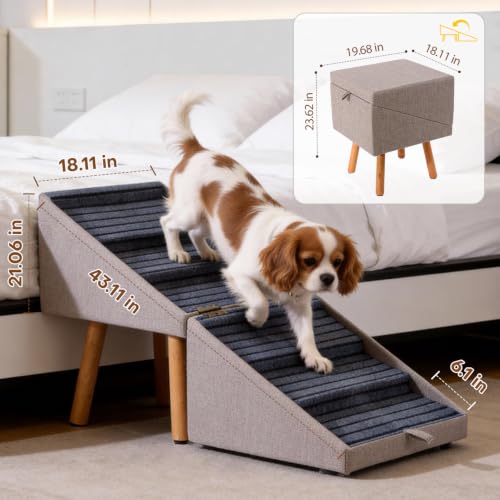 Image of Dog Stairs for Small Dogs, 2-in-1 Pet Steps & Ottoman | Foldable Dog ramp for Couch, Non-Slip Wooden Pet ramp for Puppy Senior Injured Dogs (Light Brown, XXL(21.06H))
