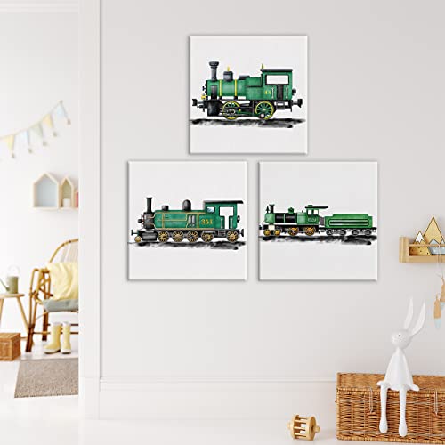 Yuzi-N Set Of 3 Green Steam Train Nursery Vehicle Art Posters Canvas Wall Art & Tabletop Home Boy Bedroom Decoration, Watercolor Steam Locomotive Prints Easel & Hanging Hook 12X12 Inch #TOP2