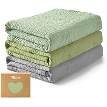TILLYOU 3 Pack Muslin Swaddles for Newborns, Breathable and Soft Baby Blankets for Girls Boys, Cotton Blanket Baby Wrap Swaddle 47"X47", Grey Green
