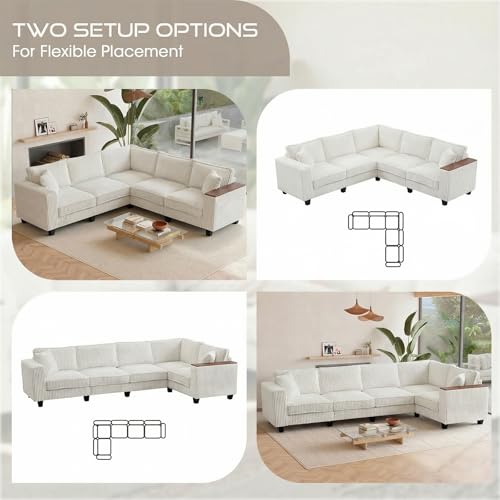 Image of 97 Inches Corduroy Couch with 2 Pillows Deep Seat Sectional Sofa Armrests with Two Hidden Storage Space Corner Couch Oversized L Shaped Cloud Couches for Living Room Beige