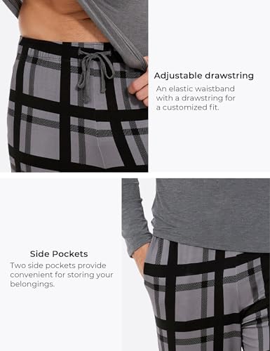 Image of GYS Bamboo Viscose Men's Pajama Sets Long Sleeve Plaid Loungewear Sets with Pockets