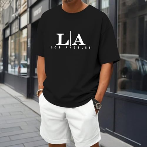 Image of BeWithYou Oversized Graphic Tshirts for Men Vintage Los Angeles Letter Graphic Shirt Baggy Streetwear Tee Casual Cotton Tops