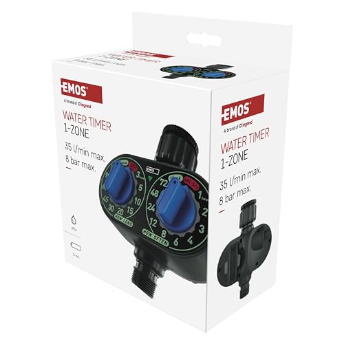 EMOS - mechanische Bewässerungsuhr mit 1 Ausgang - batteriebetriebene Bewässerungssteuerung bis 8bar, 35 l/min - manuell einstellbare Bewässerung 3-120min alle 1-72h - ideal für 1″ bzw. 3/4″-Gewinde