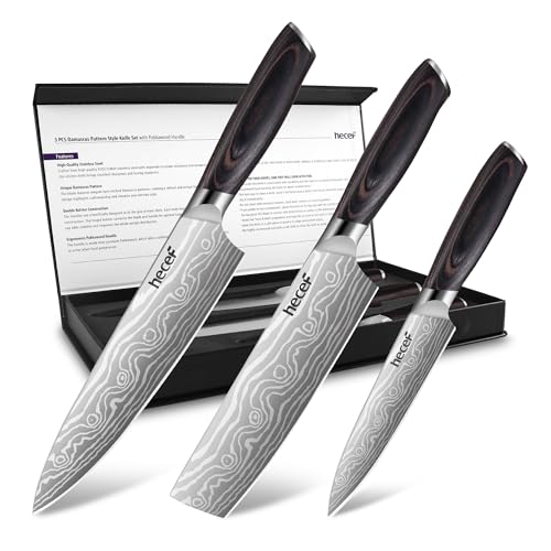 hecef Juego de Cuchillos de Cocina 3 Piezas Acero – Mangos Ergonómicos Pakkawood, Patrón Damasco Láser, Súper Afilados, Chef Nakiri Utilitario, Elegancia y Versatilidad para Todo