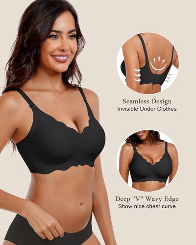 Image of HORISUN Wireless Seamless Bras for Women No Underwire Wavy V Neck Soft Support Full Coverage Comfortable Bra