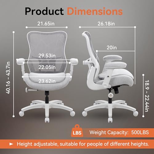 Image of Big and Tall Office Chair 500lbs Heavy Duty Ergonomic Mesh Desk Chair with 23.6 inch Extra Wide Seat, 29.5 inch High Back, Adjustable Lumbar Support Flip-Up Arms for Large Body Types(Light Gray)