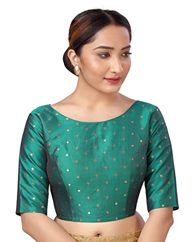 Image of Studio Shringaar Women Cotton Silk Silky Brocade Readymade Elbow Length Sleeves Saree Blouse Choli