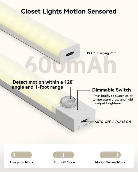 Under Cabinet Lighting 12 Inches Rechargeable Motion Sensor Light Indoor, 3 Color Dimmable Closet Light Battery Operated, USB Stick on LED Magnetic Under Counter Lights for Kitchen Stair, 3Packs