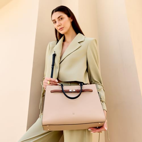 Image of HIE Women Textured Tote Bag with Contrasting Leather Strap and Gold-Tone Buckle Dual Top Handles | Detachable Adjustable Crossbody Strap, Color Blocked Design for Work, Travel & Everyday.