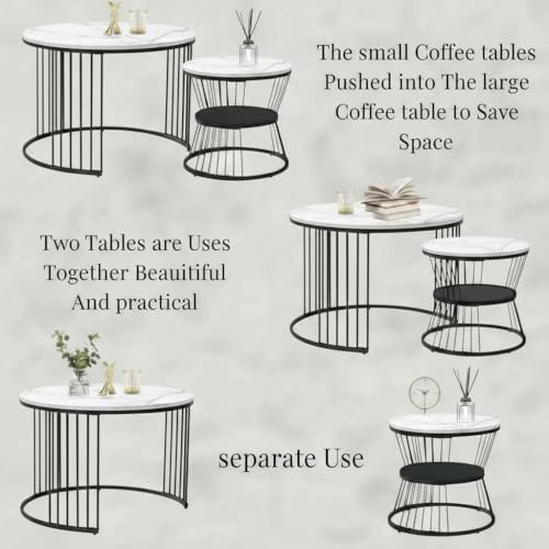 Image of Round Coffee Table Set of 2 for Living Room Wooden Top with Gold Metal Frame Modern Nesting Center Table for Sofa Area Home & Office Furniture (Black White)