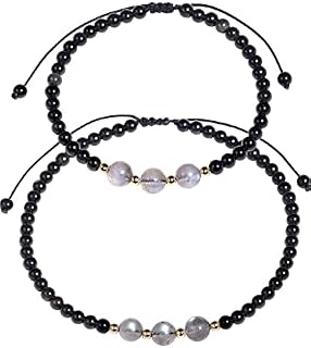 Jewboo 2PCS Moonstone/Black Obsidian Beaded Anklet Bracelet for Women Healing Crystals and Gemstones Beach Foot Jewelry Sets Gifts for Her Adjustable (Anklet & Bracelet)