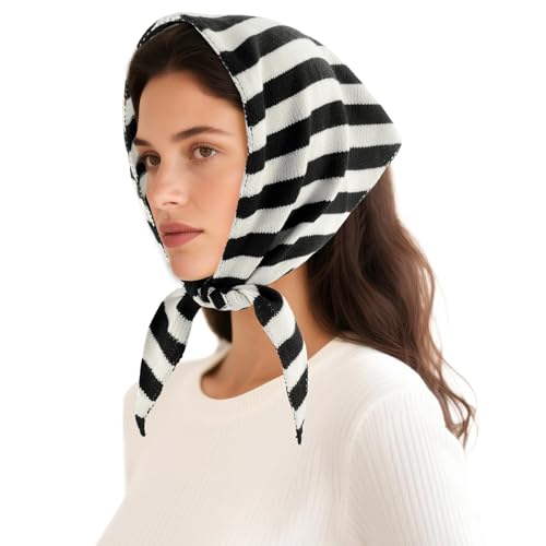DOCILA Black White Stripe Knitted Triangle Scarf Women Warm Winter Knit Head Hair Hood Scarves Small Shawl Wrap Beanie