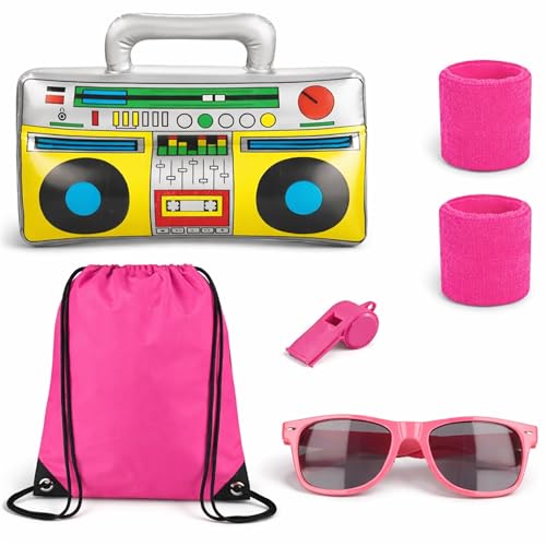 TK Gruppe Timo Klingler XXL 6 en 1 Set Costume Rétro Années 80 Bad Taste Assi Néon Set d'accessoires - avec Ghettoblaster, bandeau rose Costume Mardi Gras