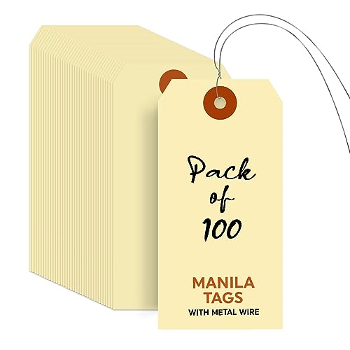 SmartSign Blank Manila Tags with Wire (Pre-Attached)- Pack of 100, Size-5, 13pt Thick Cardstock Shipping Tag, 4 3/4' x 2 3/8' Paper Hang Tags with Reinforced Fiber Patch