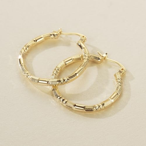 Gold Earrings 14k Gold Hoop Earrings for Women Large Hoop Earring with V-Shaped Engraved Design Womens Hoops Earring 30MM4