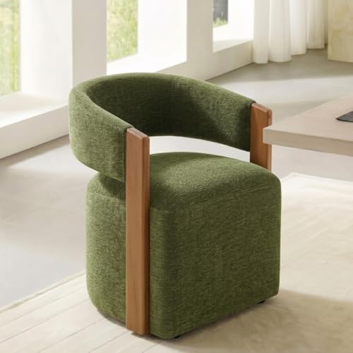 Image of KISLOT Upholstered Dining Chairs Set of 1, Modern Wooden Arm Kitchen & Dining Room Chairs with Hidden Casters, Fabric Padded Rolling Chairs, Sturdy Wood Frame, 300 lbs Capacity, Green
