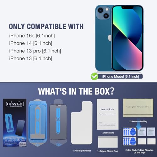 Image of 2-Pack Matte Screen Protector for for iPhone 16e /iPhone 14 /iPhone 13 Pro /iPhone 13 6.1-Inch 9H Tempered Glass, Full Coverage, Anti-Fingerprint, Auto Dust-Elimination, No Bubble, Easy Installation