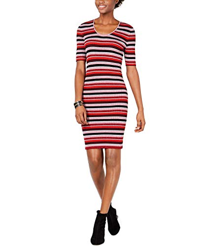 Bar III Womens Metallic Striped Sweaterdress Red L