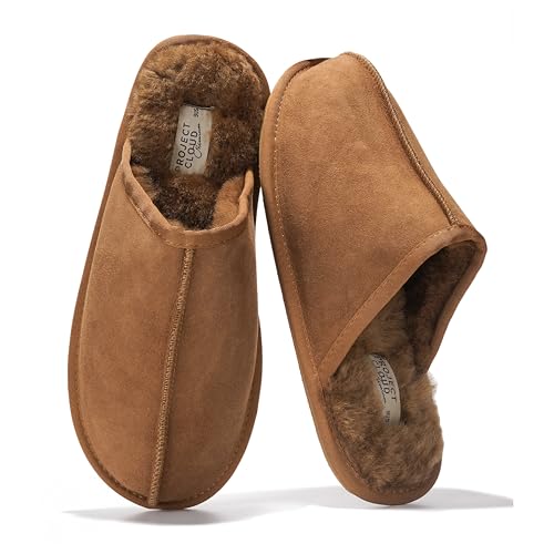 Image of Project Cloud Men's 100% Genuine Leather Shearling Memory Foam Slippers | Genuine Shearling Lining and Lightweight Non-Slip Indoor & Outdoor Wear Slippers for Men - Water-Resistant Mens Slippers