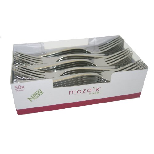 50 x Metallic Silver Plastic FORKS - Luxury Strong Disposable Cutlery - Mozaik by Sabert by Mozaik