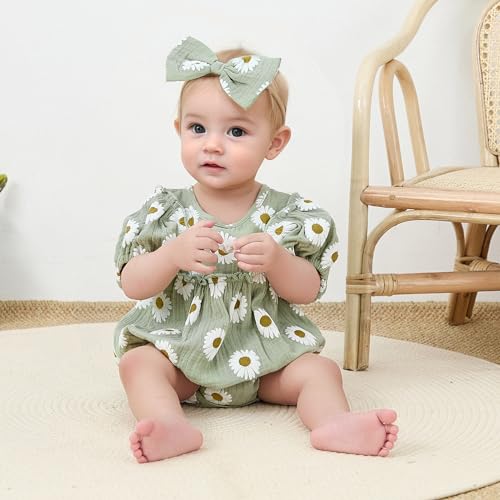  Baby Girl Daisy Print Romper Set with Headband