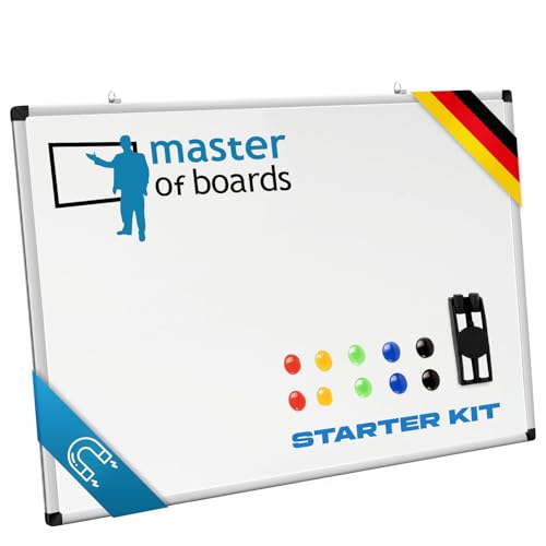 Master of Boards - 60 x 90 cm Whiteboard Set inkl. Magneten, Boardmarker, Stiftehalter mit Reinigungsschwamm & Wandhalterung - Kratzfest & beschreibbar - Memoboard für Zuhause & Büro