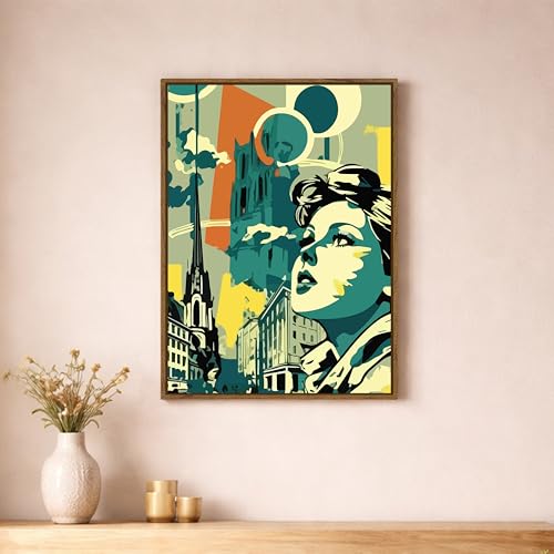Image of Retro Woman Portrait Pop Framed Canvas Painting For Living Room | Abstract City Girl Wall Art For Livingroom Wall Decor, Home Decor, Bedroom, Hallway's, Office, Hotel - 43x58 cm