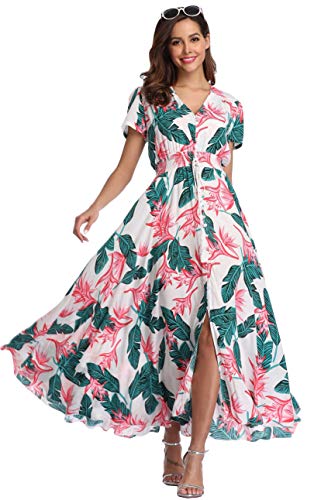 Image of VintageClothing Women's Floral Maxi Dresses Boho Button Up Split Summer Casual Long Dress Beach Party Dress