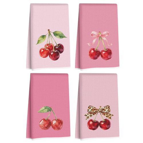 Image of 4 Pcs Cherry Hand Towels for Bathroom, Pink Preppy Bow Reusable Dish Towels | Waffle Weave Hand Cloth Tea Towel for Kitchen Bathroom Decor, Cherry Gifts for Women Friend 24x14 Inch
