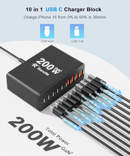 image for Roruite USB C Charging Station 10 Port with 4 USB Cables, 200W GaN Typ